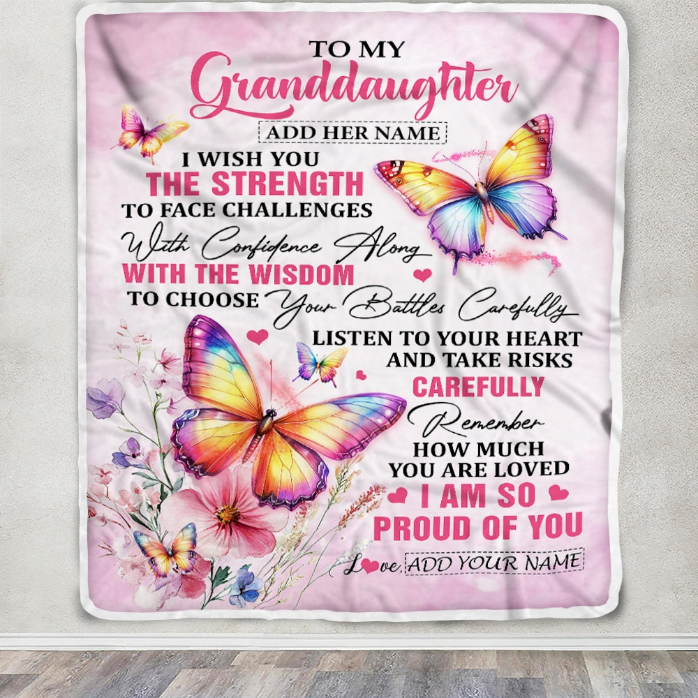 Personalized To My Granddaughter Gifts Blanket From Grandma Grandpa I Wish You The Strength Butterfly Granddaughter Birthday Gifts Christmas Fleece Blanket | siriusteestore