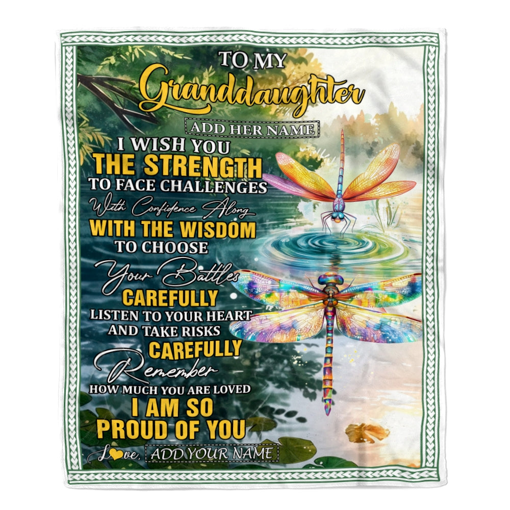 Personalized To My Granddaughter Gifts Blanket From Grandma Grandpa I Wish You The Strength Dragonfly Granddaughter Birthday Gifts Christmas Fleece Blanket | siriusteestore