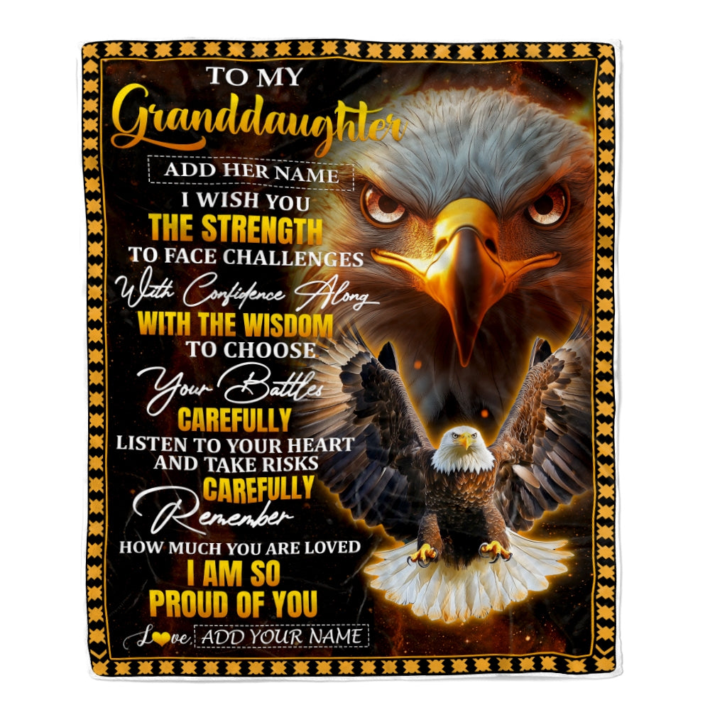 Personalized To My Granddaughter Gifts Blanket From Grandma Grandpa I Wish You The Strength Eagle Granddaughter Birthday Gifts Christmas Fleece Blanket | siriusteestore