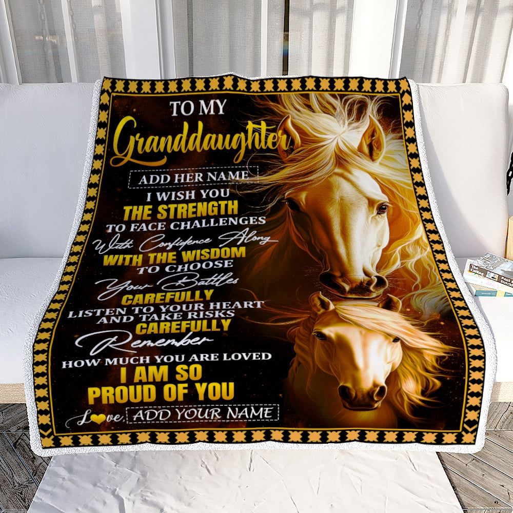 Personalized To My Granddaughter Gifts Blanket From Grandma Grandpa I Wish You The Strength Horse Granddaughter Birthday Gifts Christmas Fleece Blanket | siriusteestore