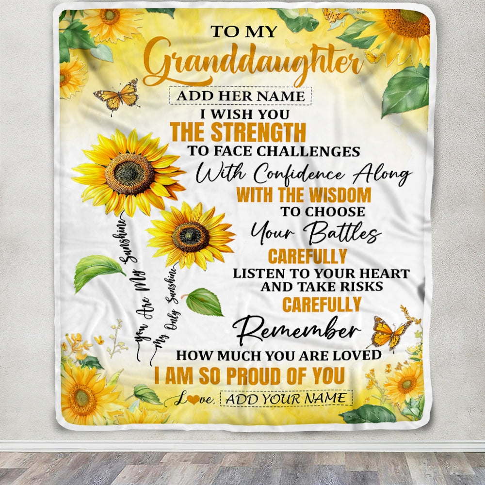 Personalized To My Granddaughter Gifts Blanket From Grandma Grandpa I Wish You The Strength Sunflower Granddaughter Birthday Gifts Christmas Fleece Blanket | siriusteestore