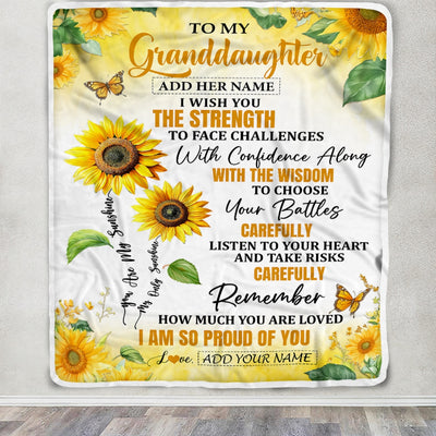 Personalized To My Granddaughter Gifts Blanket From Grandma Grandpa I Wish You The Strength Sunflower Granddaughter Birthday Gifts Christmas Fleece Blanket | siriusteestore