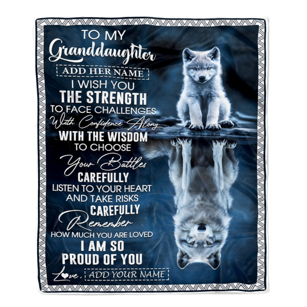 Personalized To My Granddaughter Gifts Blanket From Grandma Grandpa I Wish You The Strength Wolf Granddaughter Birthday Gifts Christmas Fleece Blanket | siriusteestore