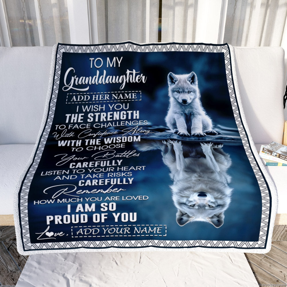 Personalized To My Granddaughter Gifts Blanket From Grandma Grandpa I Wish You The Strength Wolf Granddaughter Birthday Gifts Christmas Fleece Blanket | siriusteestore