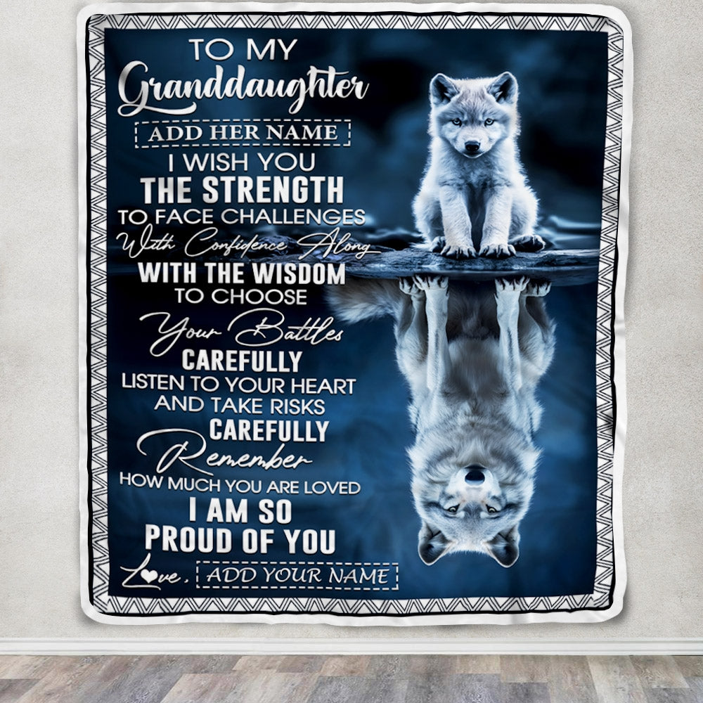 Personalized To My Granddaughter Gifts Blanket From Grandma Grandpa I Wish You The Strength Wolf Granddaughter Birthday Gifts Christmas Fleece Blanket | siriusteestore