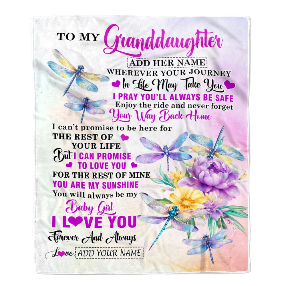 Personalized To My Granddaughter Gifts Blanket From Grandma Grandpa Wherever Your Journey In Life Dragonfly Granddaughter Birthday Gifts Custom Fleece Blanket | siriusteestore