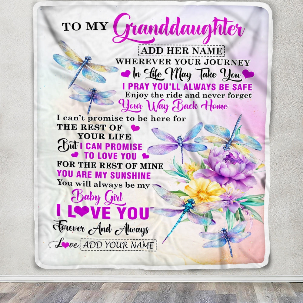 Personalized To My Granddaughter Gifts Blanket From Grandma Grandpa Wherever Your Journey In Life Dragonfly Granddaughter Birthday Gifts Custom Fleece Blanket | siriusteestore