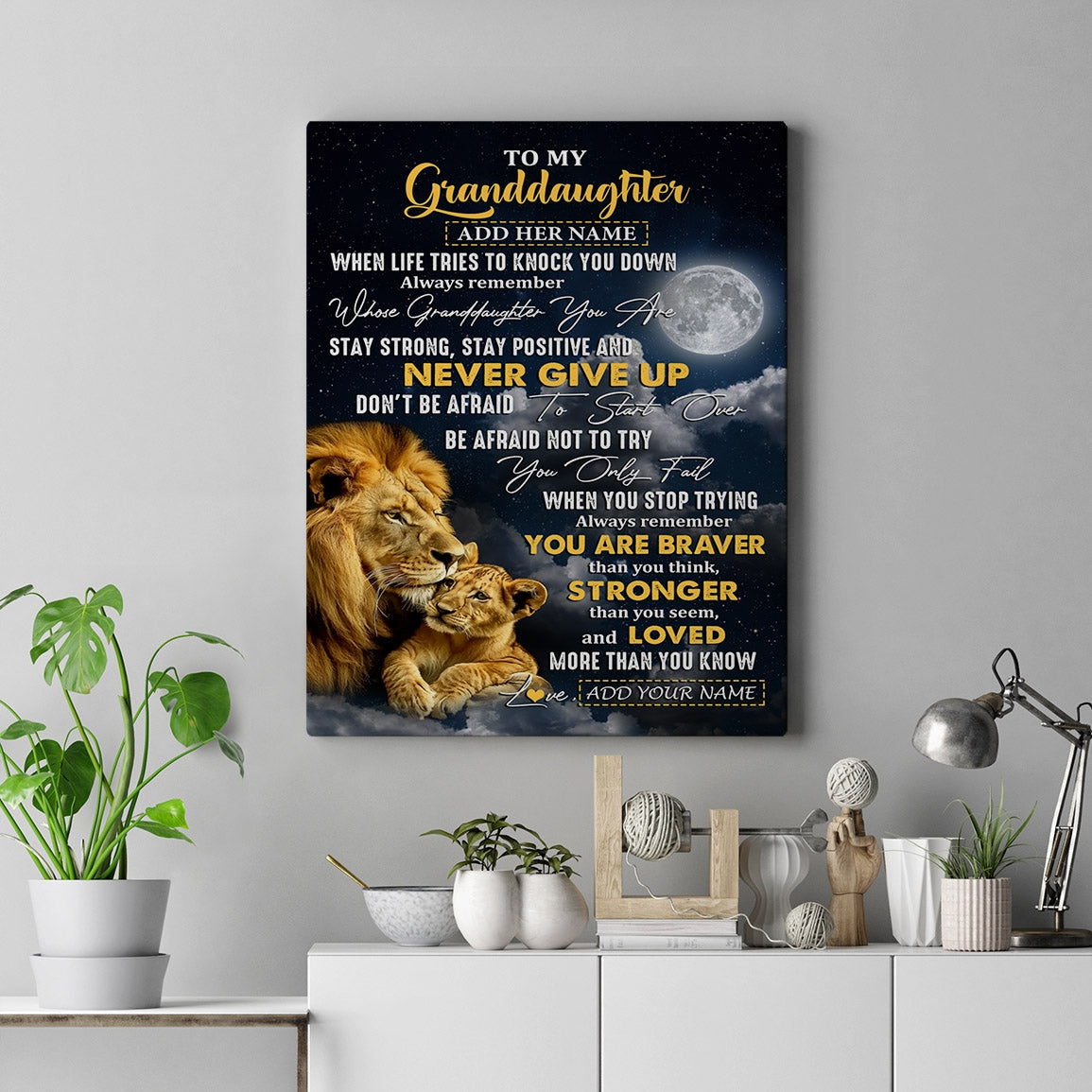 Personalized To My Granddaughter Gifts Canvas From Grandpa Grandma Lion Never Give Up Granddaughter Birthday Gifts Graduation Christmas Custom Wall Art Framed Canvas | siriusteestore