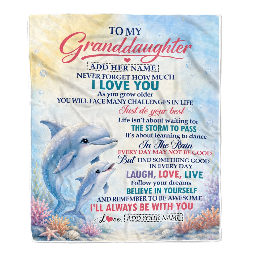 Personalized To My Granddaughter Gifts From Grandma Blanket Dolphin Ocean Love Message Birthday Christmas Gift For Granddaughter Custom Fleece Throw Blanket | siriusteestore