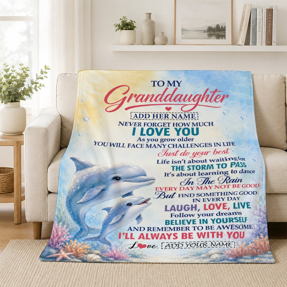 Personalized To My Granddaughter Gifts From Grandma Blanket Dolphin Ocean Love Message Birthday Christmas Gift For Granddaughter Custom Fleece Throw Blanket | siriusteestore