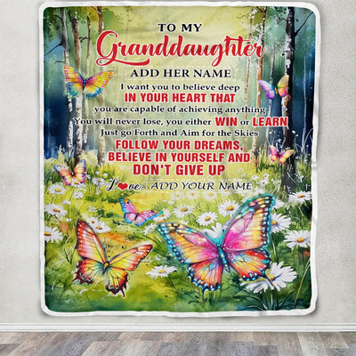Personalized To My Granddaughter Gifts From Grandma Blanket Don't Give Up Butterfly Gifts For Granddaughter Birthday Graduation Christmas Fleece Blanket | siriusteestore