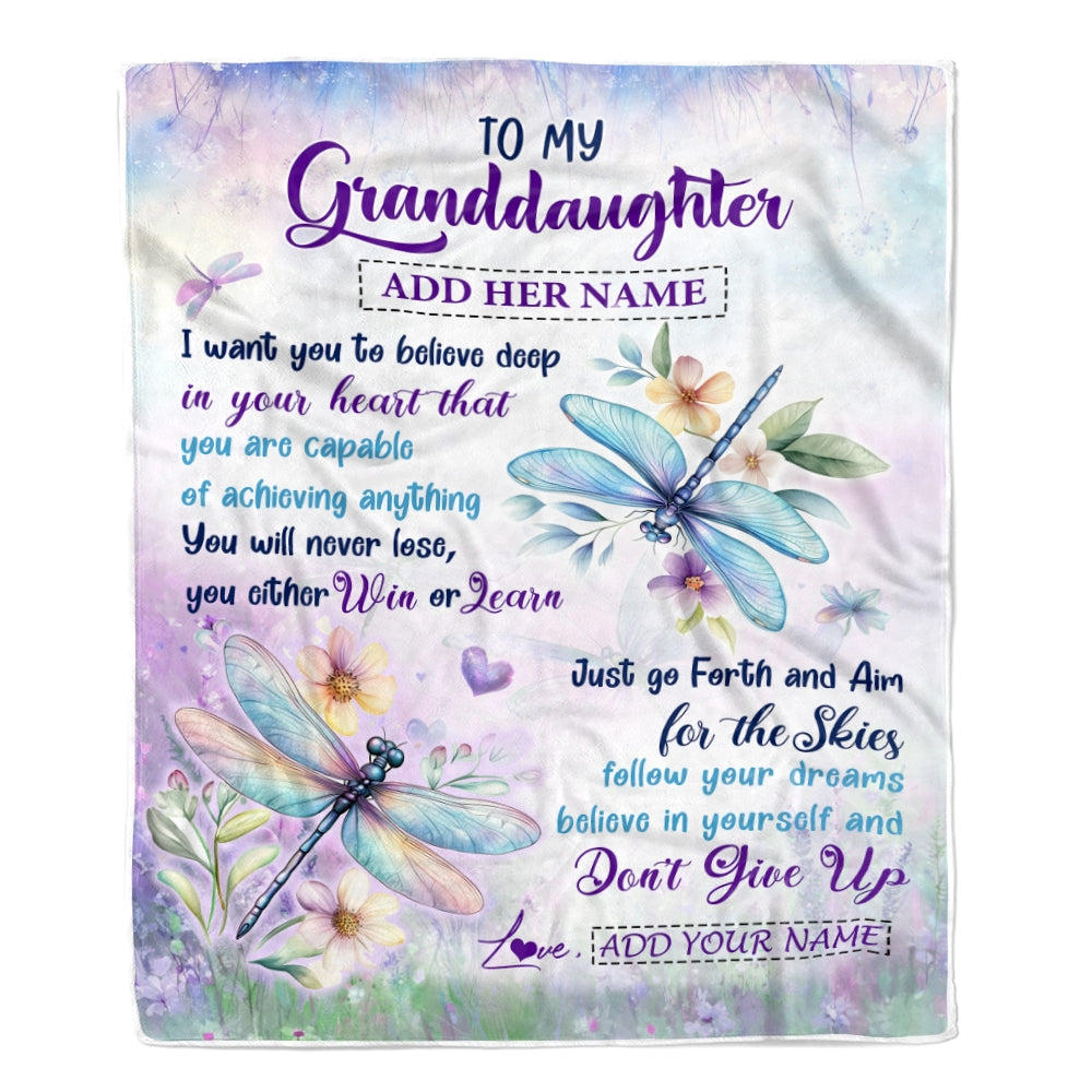 Personalized To My Granddaughter Gifts From Grandma Blanket Don't Give Up Dragonfly Gifts For Granddaughter Birthday Graduation Christmas Fleece Blanket | siriusteestore