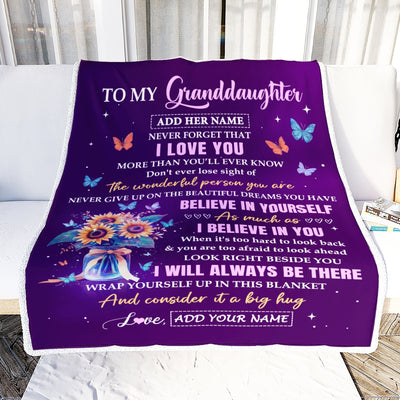 Personalized To My Granddaughter Gifts From Grandma Blanket Inspirational Love Purple Sunflowers Birthday Gifts For Granddaughter Idea Christmas Fleece Blanket | siriusteestore