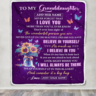 Personalized To My Granddaughter Gifts From Grandma Blanket Inspirational Love Purple Sunflowers Birthday Gifts For Granddaughter Idea Christmas Fleece Blanket | siriusteestore