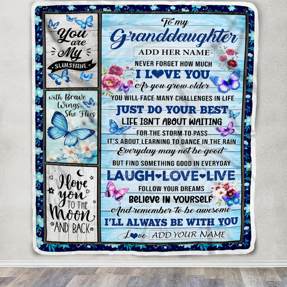 Personalized To My Granddaughter Gifts From Grandma Blanket Wood Butterfly Believe In Yourself Custom Granddaughter Birthday Gifts Christmas Fleece Blanket | siriusteestore