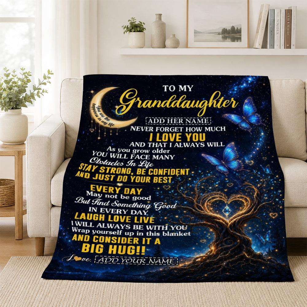 Personalized To My Granddaughter Gifts From Grandma Grandpa Blanket Blue Galaxy Butterfly Moon Birthday Gifts For Granddaughter Christmas Fleece Blanket | siriusteestore