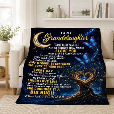 Personalized To My Granddaughter Gifts From Grandma Grandpa Blanket Blue Galaxy Butterfly Moon Birthday Gifts For Granddaughter Christmas Fleece Blanket | siriusteestore