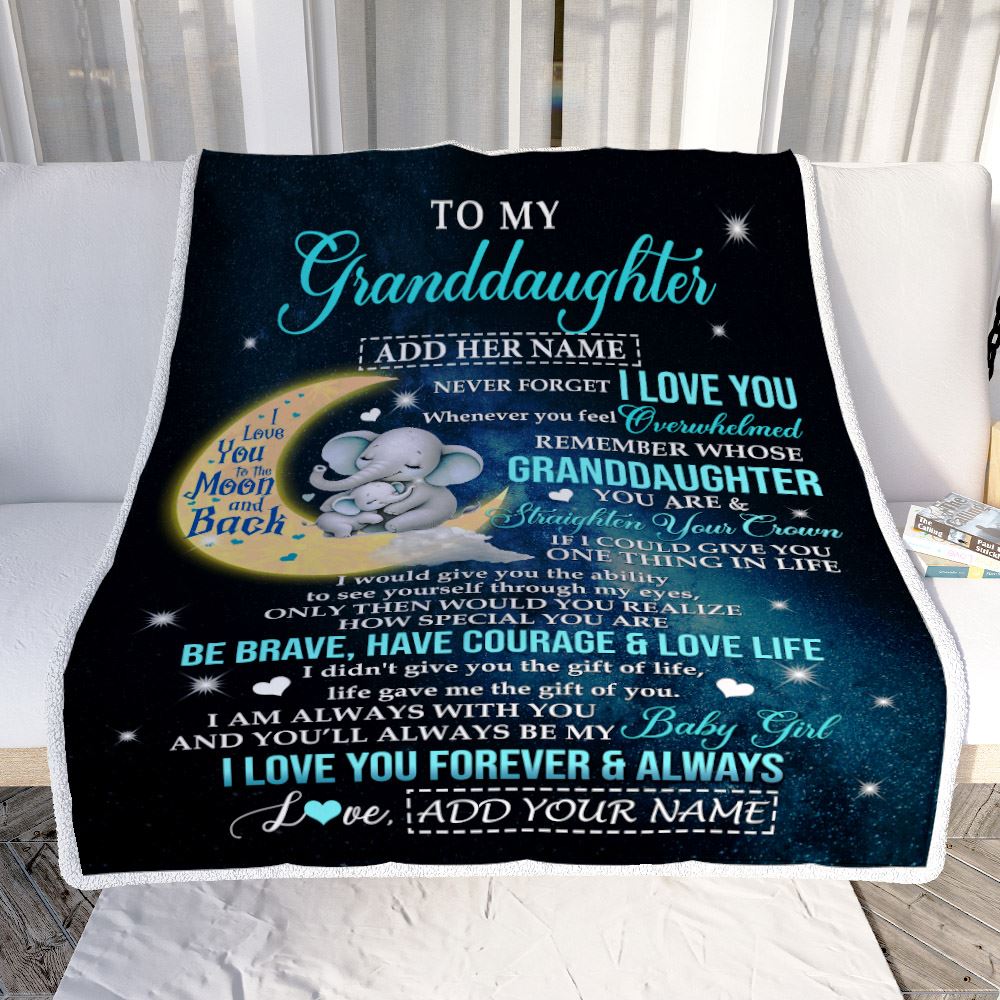 Personalized To My Granddaughter Gifts From Grandma Grandpa Blanket Moon Elephant Birthday Gifts Graduation For Granddaughter Christmas Fleece Throw Blanket | siriusteestore