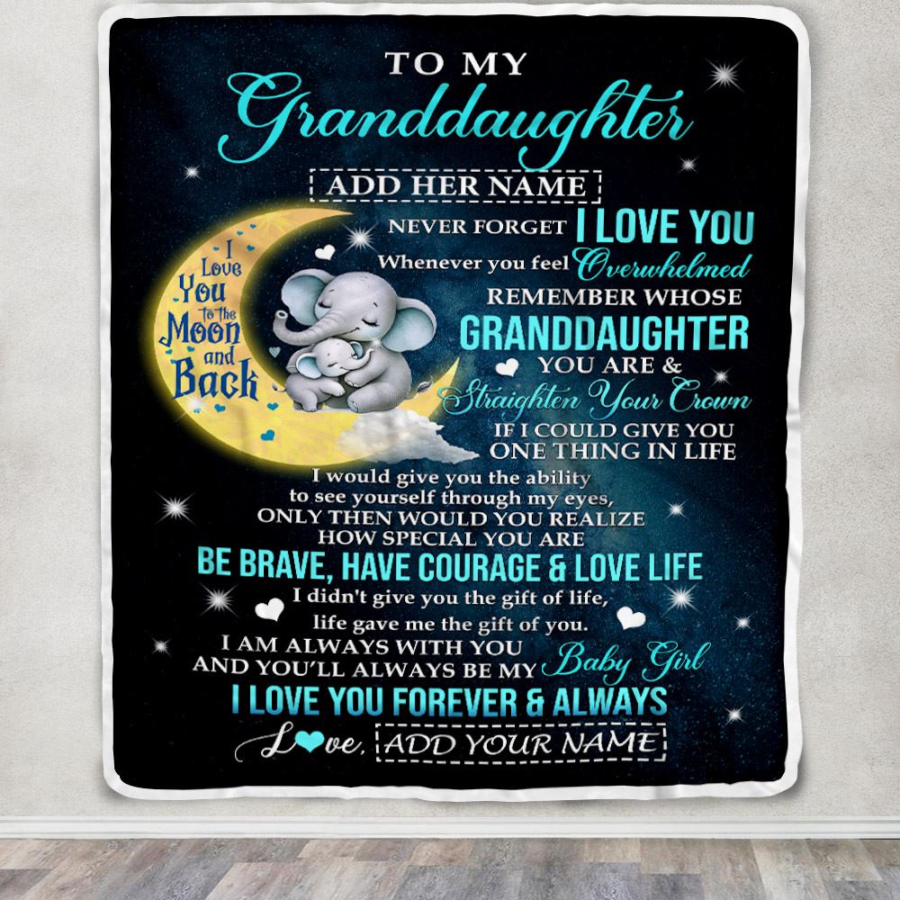 Personalized To My Granddaughter Gifts From Grandma Grandpa Blanket Moon Elephant Birthday Gifts Graduation For Granddaughter Christmas Fleece Throw Blanket | siriusteestore
