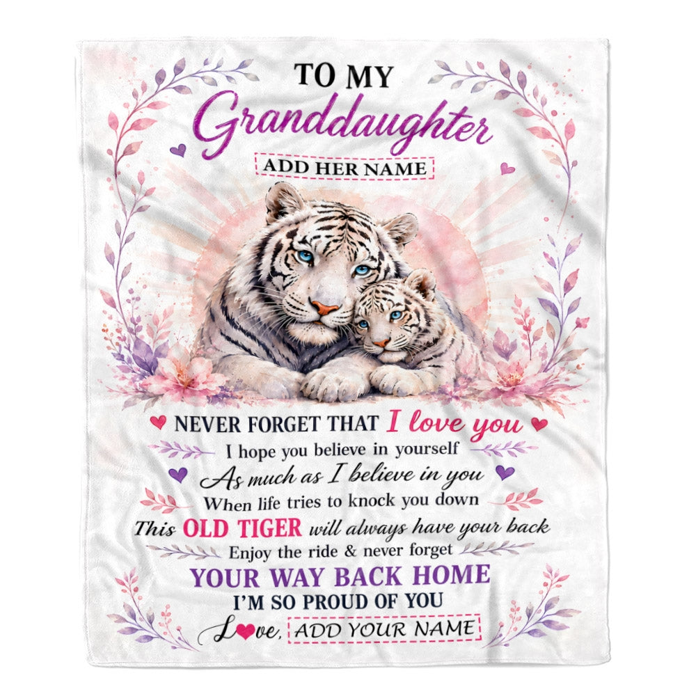 Personalized To My Granddaughter Gifts From Grandma Grandpa Blanket White Tiger This Old Tiger Birthday Christmas Gift For Granddaughter Custom Fleece Blanket | siriusteestore