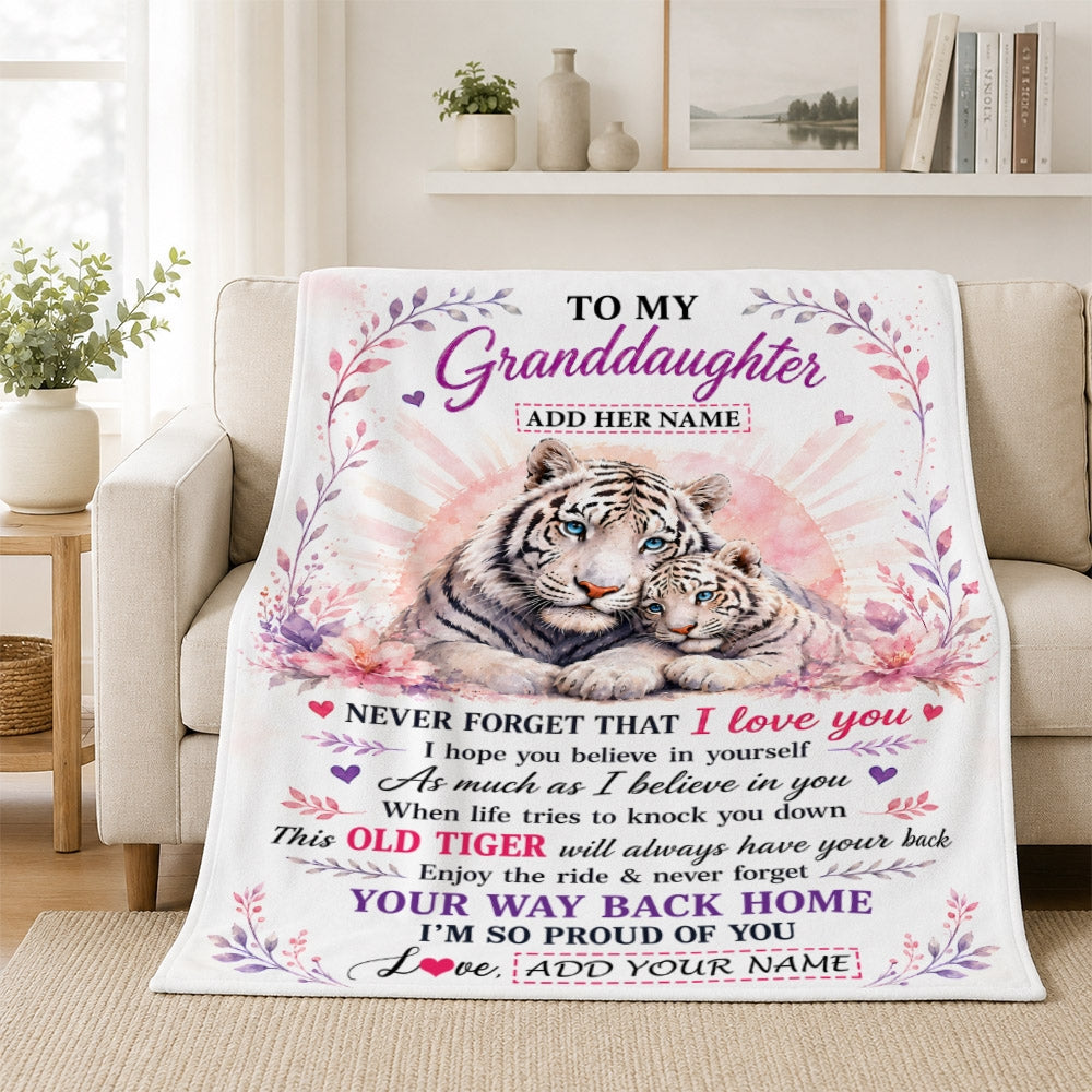 Personalized To My Granddaughter Gifts From Grandma Grandpa Blanket White Tiger This Old Tiger Birthday Christmas Gift For Granddaughter Custom Fleece Blanket | siriusteestore