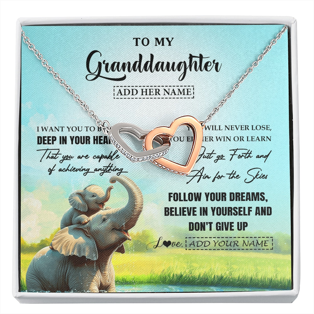 Interlocking Hearts Necklace Stainless Steel & Rose Gold Finish | 1 | Personalized To My Granddaughter Gifts From Grandma Necklace Don't Give Up Elephant Gifts For Granddaughter Birthday Graduation Christmas Gift Box Message Card | https://siriusteestore.