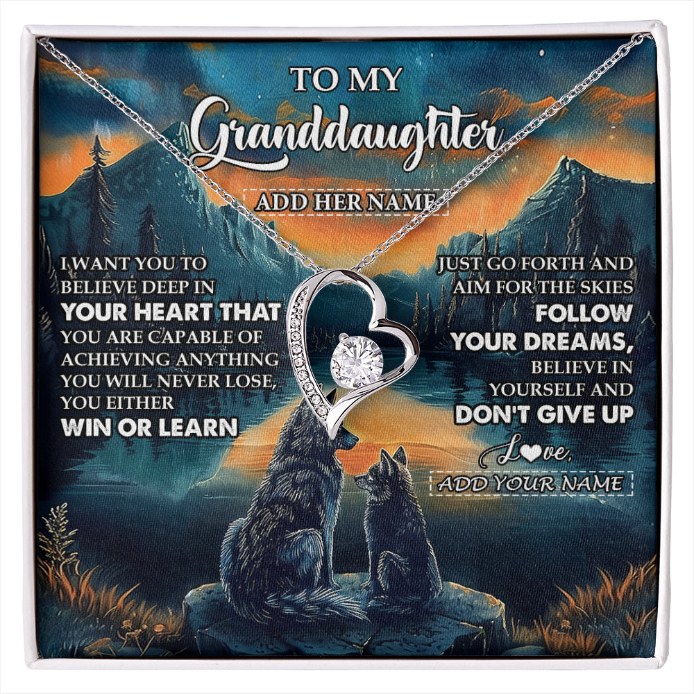 Forever Love Necklace 14K White Gold Finish | 1 | Personalized To My Granddaughter Gifts From Grandma Necklace Don't Give Up Wolf Gifts For Granddaughter Birthday Graduation Christmas Gift Box Message Card | siriusteestore