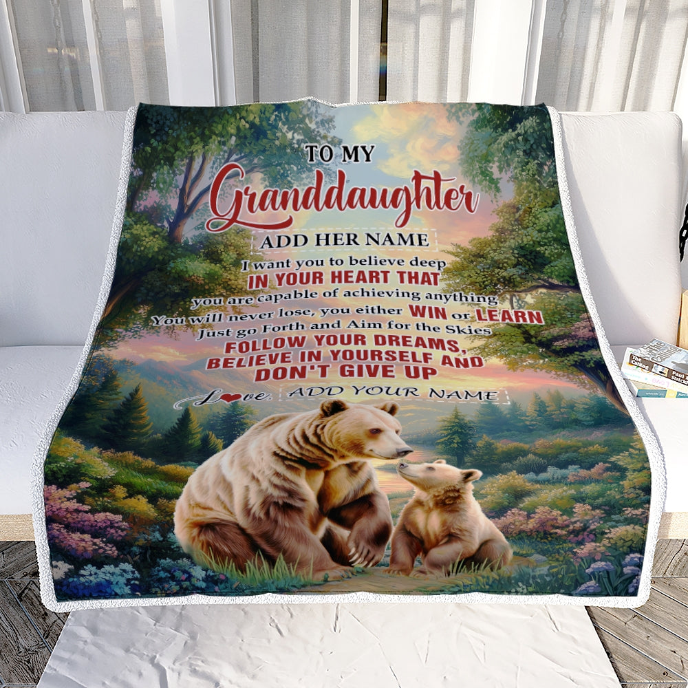 Personalized To My Granddaughter Gifts From Grandma Papa Blanket Don't Give Up Bear Gifts For Granddaughter Birthday Graduation Christmas Fleece Blanket | siriusteestore