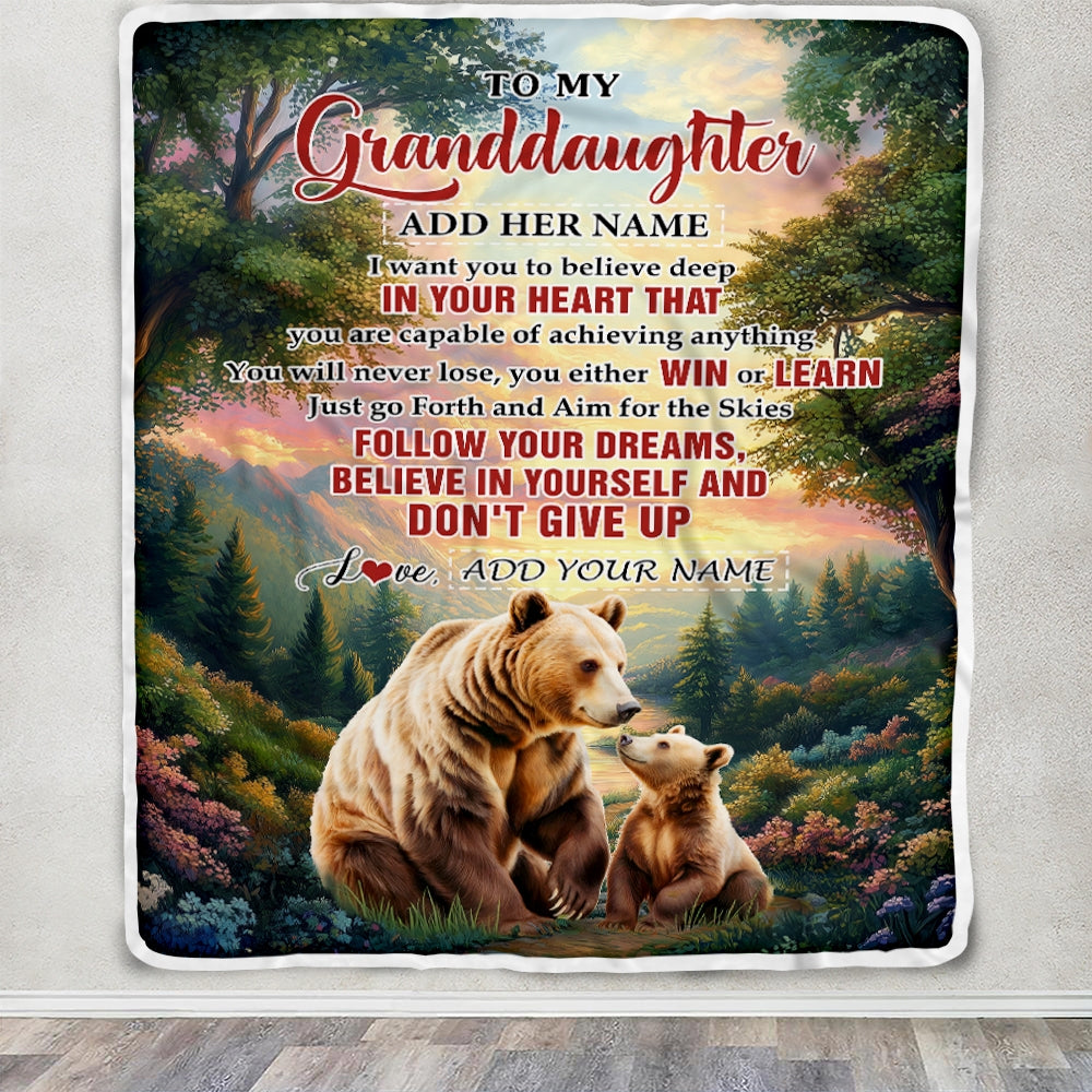 Personalized To My Granddaughter Gifts From Grandma Papa Blanket Don't Give Up Bear Gifts For Granddaughter Birthday Graduation Christmas Fleece Blanket | siriusteestore