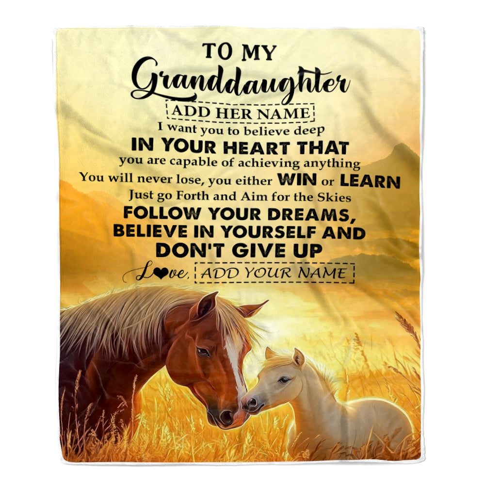 Personalized To My Granddaughter Gifts From Grandma Papa Blanket Don't Give Up Horse Gifts For Granddaughter Birthday Graduation Christmas Fleece Blanket | siriusteestore