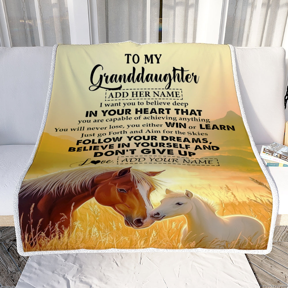 Personalized To My Granddaughter Gifts From Grandma Papa Blanket Don't Give Up Horse Gifts For Granddaughter Birthday Graduation Christmas Fleece Blanket | siriusteestore