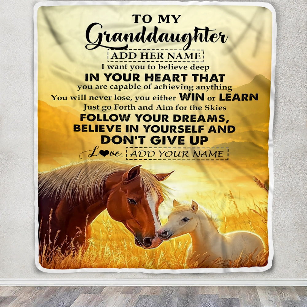 Personalized To My Granddaughter Gifts From Grandma Papa Blanket Don't Give Up Horse Gifts For Granddaughter Birthday Graduation Christmas Fleece Blanket | siriusteestore