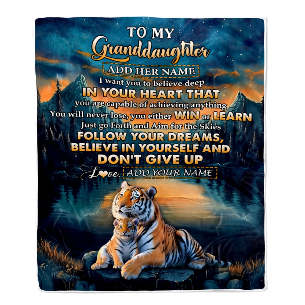 Personalized To My Granddaughter Gifts From Grandma Papa Blanket Don't Give Up Tiger Gifts For Granddaughter Birthday Graduation Christmas Fleece Blanket | siriusteestore