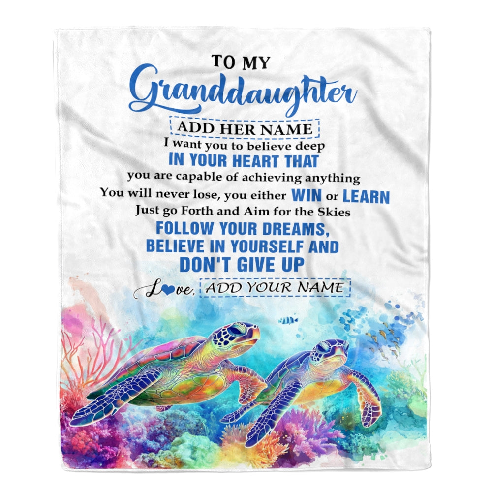 Personalized To My Granddaughter Gifts From Grandma Papa Blanket Don't Give Up Turtle Gifts For Granddaughter Birthday Graduation Christmas Fleece Blanket | siriusteestore
