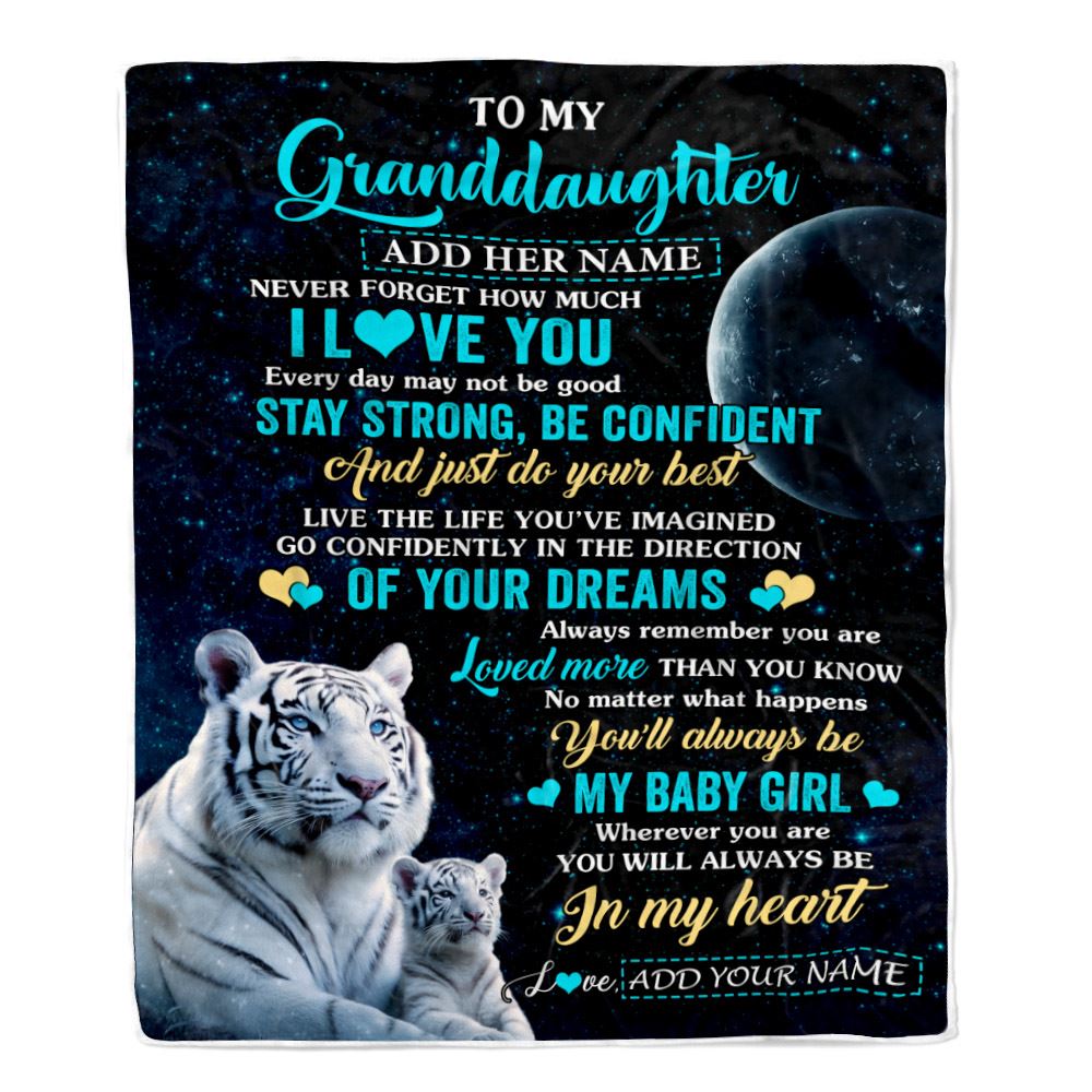 Personalized To My Granddaughter Gifts From Grandma Papa Blanket White Tiger Never Forget How Much I Love You Granddaughter Birthday Christmas Fleece Blanket | siriusteestore