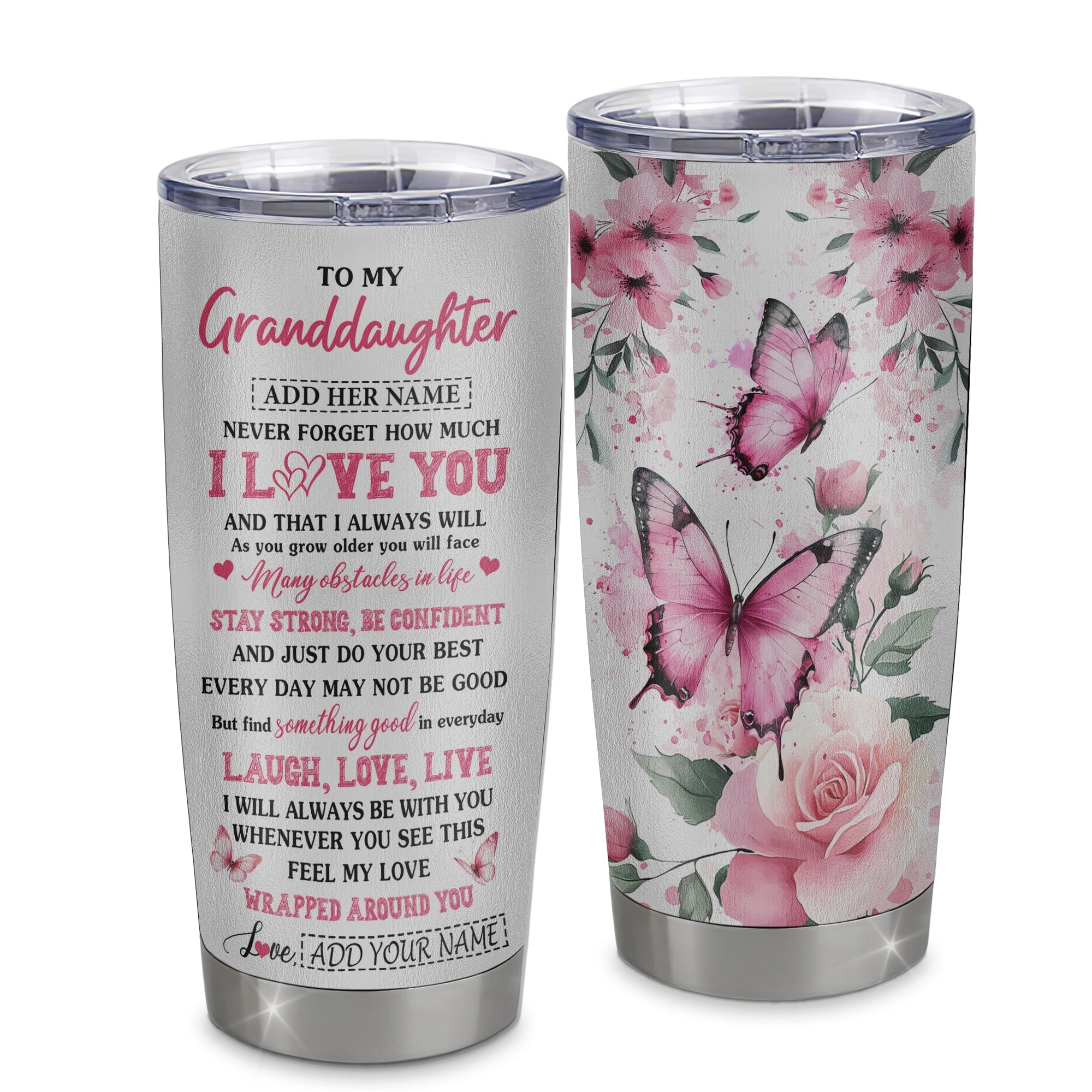 Personalized To My Granddaughter Gifts From Grandma Tumbler I Love You Butterfly Birthday Gifts For Granddaughter Graduation Christmas Custom Stainless Steel Travel Mug | siriusteestore