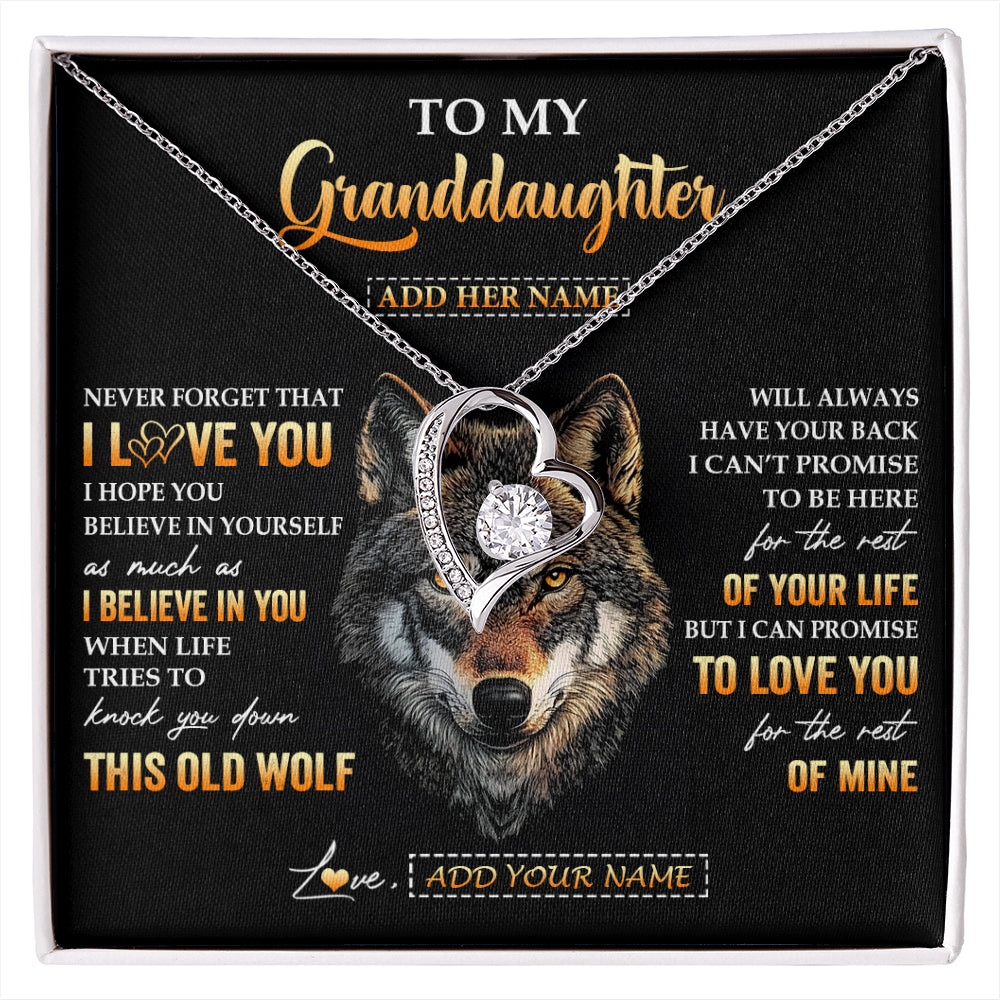 Forever Love Necklace 14K White Gold Finish | 1 | Personalized To My Granddaughter Gifts From Grandpa Grandma Necklace Old Wolf Love You Granddaughter Birthday Gifts Graduation Christmas Gift Box Message Card | siriusteestore