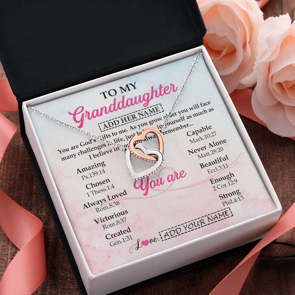 Interlocking Hearts Necklace Stainless Steel & Rose Gold Finish | 2 | Personalized To My Granddaughter Gifts Necklace From Grandma Christian Religious Jewelry Gifts For Granddaughter Birthday Christmas Gift Box Message Card | https://siriusteestore.