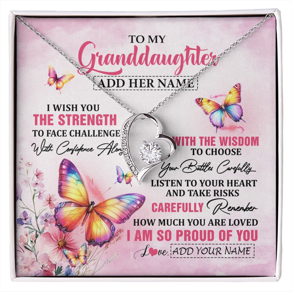 Forever Love Necklace 14K White Gold Finish | 1 | Personalized To My Granddaughter Gifts Necklace From Grandma Grandpa I Wish You The Strength Butterfly Granddaughter Birthday Christmas Gift Box Message Card | https://siriusteestore.