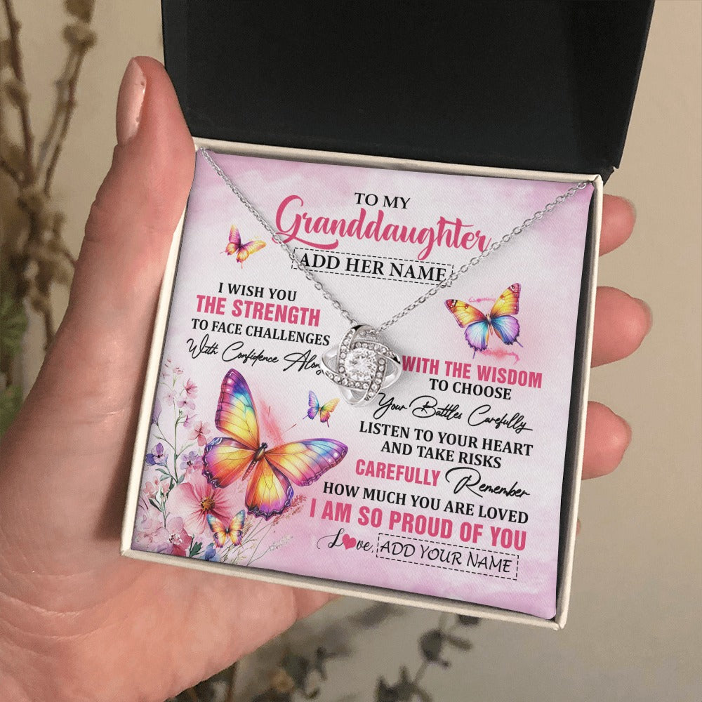 Love Knot Necklace 14K White Gold Finish | 2 | Personalized To My Granddaughter Gifts Necklace From Grandma Grandpa I Wish You The Strength Butterfly Granddaughter Birthday Christmas Gift Box Message Card | https://siriusteestore.