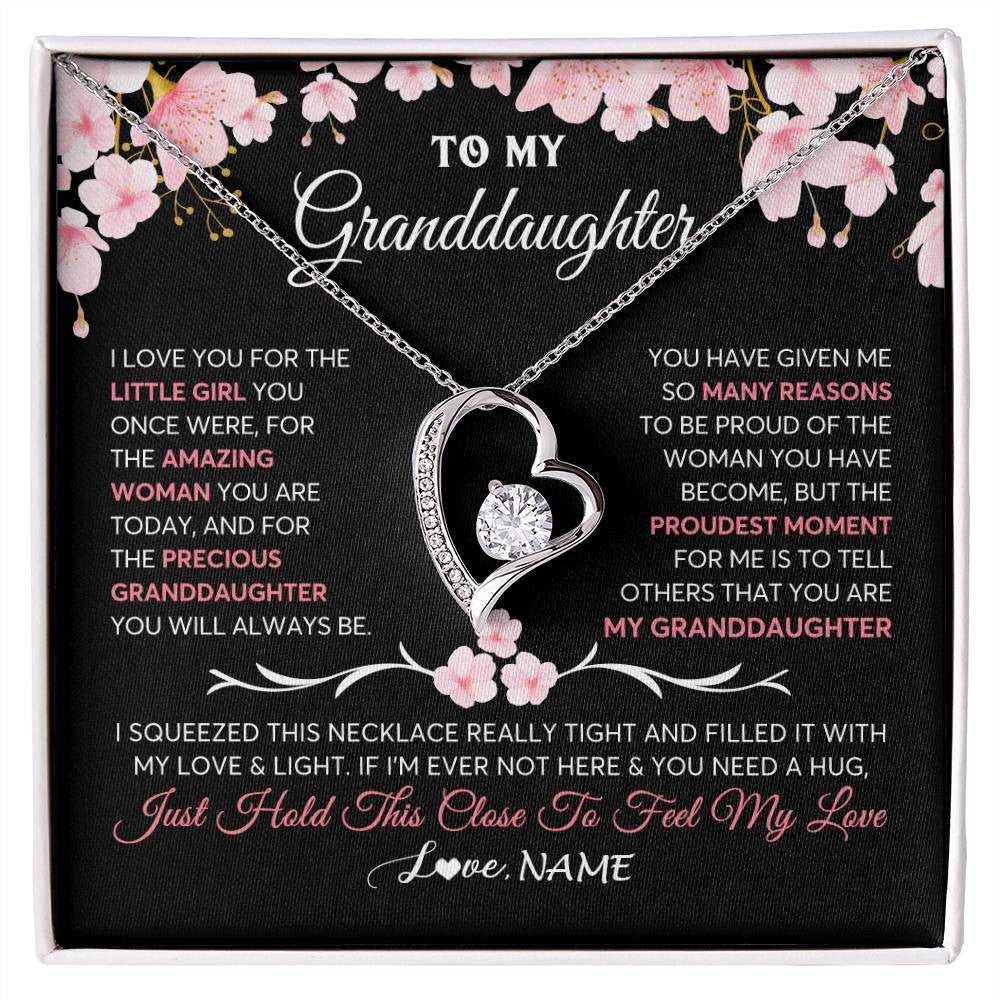 Forever Love Necklace 14K White Gold Finish | 1 | Personalized To My Granddaughter Gifts Necklace From Grandma Grandpa Love Precious Granddaughter Birthday Graduation Christmas Customized Gift Box Message Card | siriusteestore