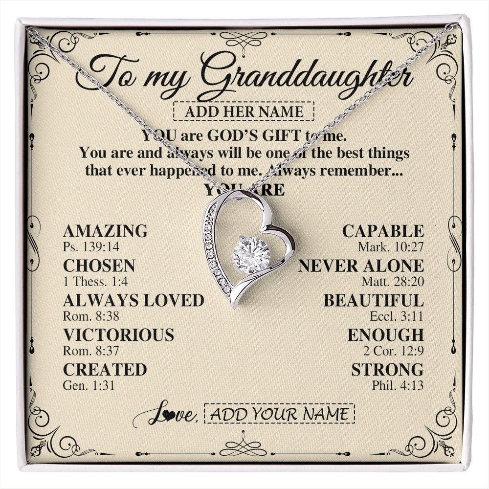 Forever Love Necklace 14K White Gold Finish | 1 | Personalized To My Granddaughter Gifts Necklace From Grandma You Are God's Gift To Me Granddaughter Birthday Gifts Christmas Christian Gift Box Message Card | https://siriusteestore.