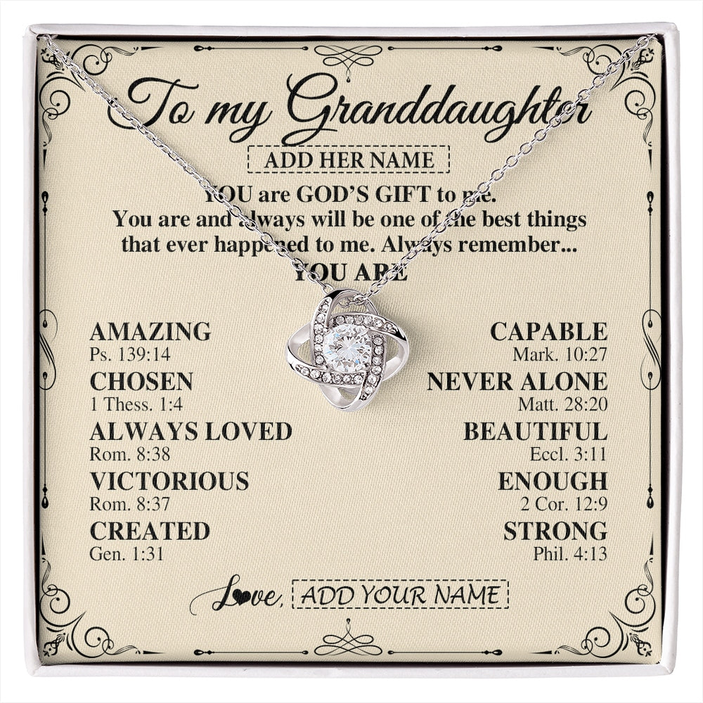 Love Knot Necklace 14K White Gold Finish | 1 | Personalized To My Granddaughter Gifts Necklace From Grandma You Are God's Gift To Me Granddaughter Birthday Gifts Christmas Christian Gift Box Message Card | https://siriusteestore.