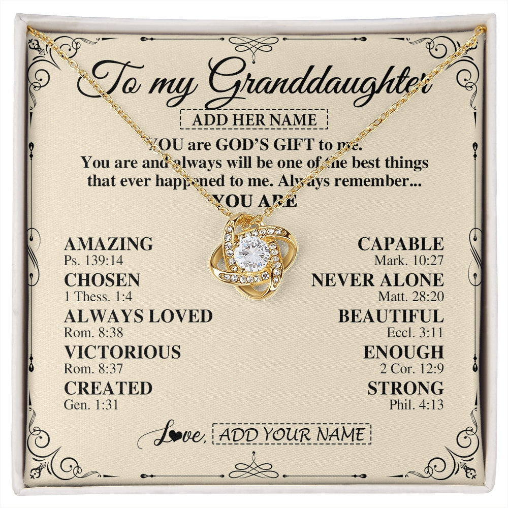 Love Knot Necklace 18K Yellow Gold Finish | 1 | Personalized To My Granddaughter Gifts Necklace From Grandma You Are God's Gift To Me Granddaughter Birthday Gifts Christmas Christian Gift Box Message Card | https://siriusteestore.