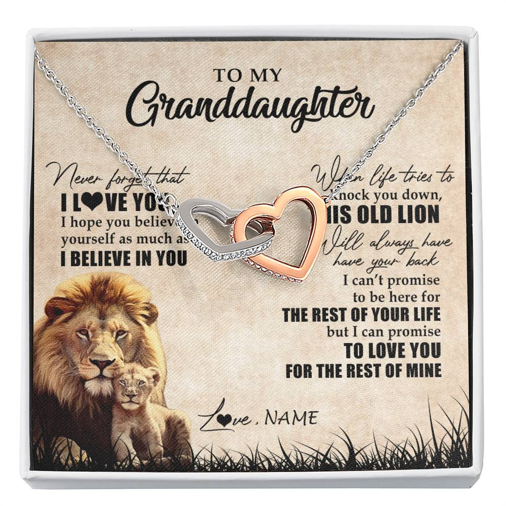 Interlocking Hearts Necklace Stainless Steel & Rose Gold Finish | Personalized To My Granddaughter Gifts Necklace From Grandpa Old Lion Granddaughter Jewelry Birthday Graduation Christmas Customized Gift Box Message Card | siriusteestore