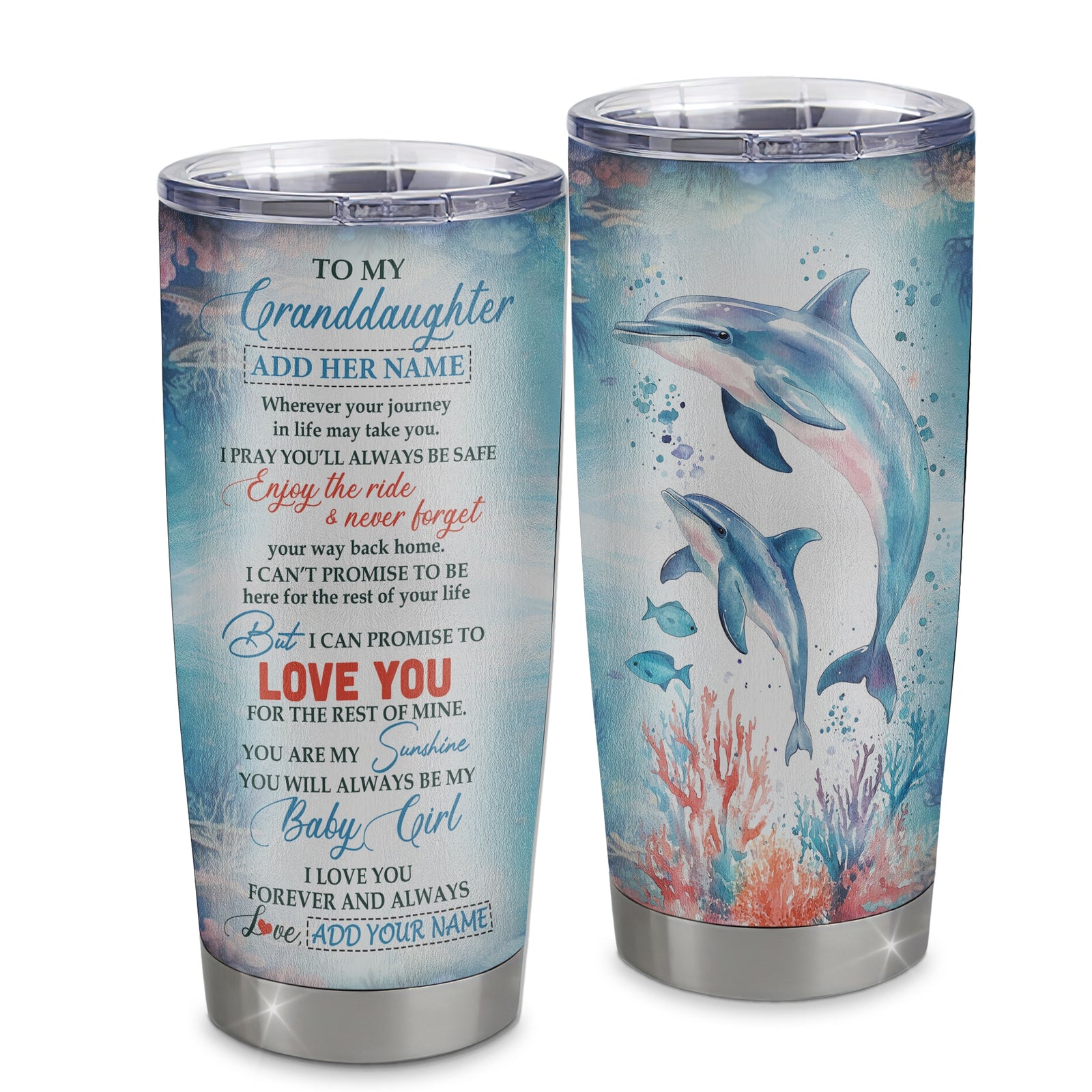 Personalized To My Granddaughter Gifts Tumbler Dolphin From Grandma My Sunshine Baby Girl Granddaughter Birthday Gift Christmas Custom Stainless Steel Insulated Mug | siriusteestore