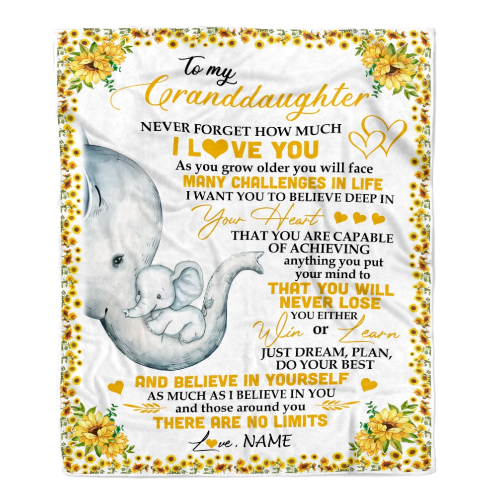 Personalized To My Granddaughter I Love You From Grandma Grandpa Nana Sunflower Elephant Birthday Christmas Thanksgiving Graduation Customized Fleece Blanket | siriusteestore