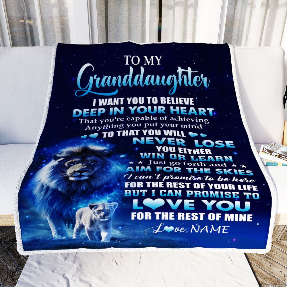 Personalized To My Granddaughter Lion From Grandpa Blanket Believe Your Heart Granddaughter Gift Birthday Graduation Christmas Customized Fleece Throw Blanket | siriusteestore
