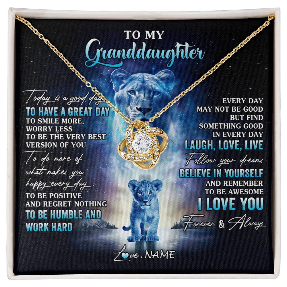 Love Knot Necklace 18K Yellow Gold Finish | 1 | Personalized To My Granddaughter Lion Necklace From Grandma Every Day Laugh Love Live Granddaughter Birthday Christmas Customized Gift Box Message Card | siriusteestore