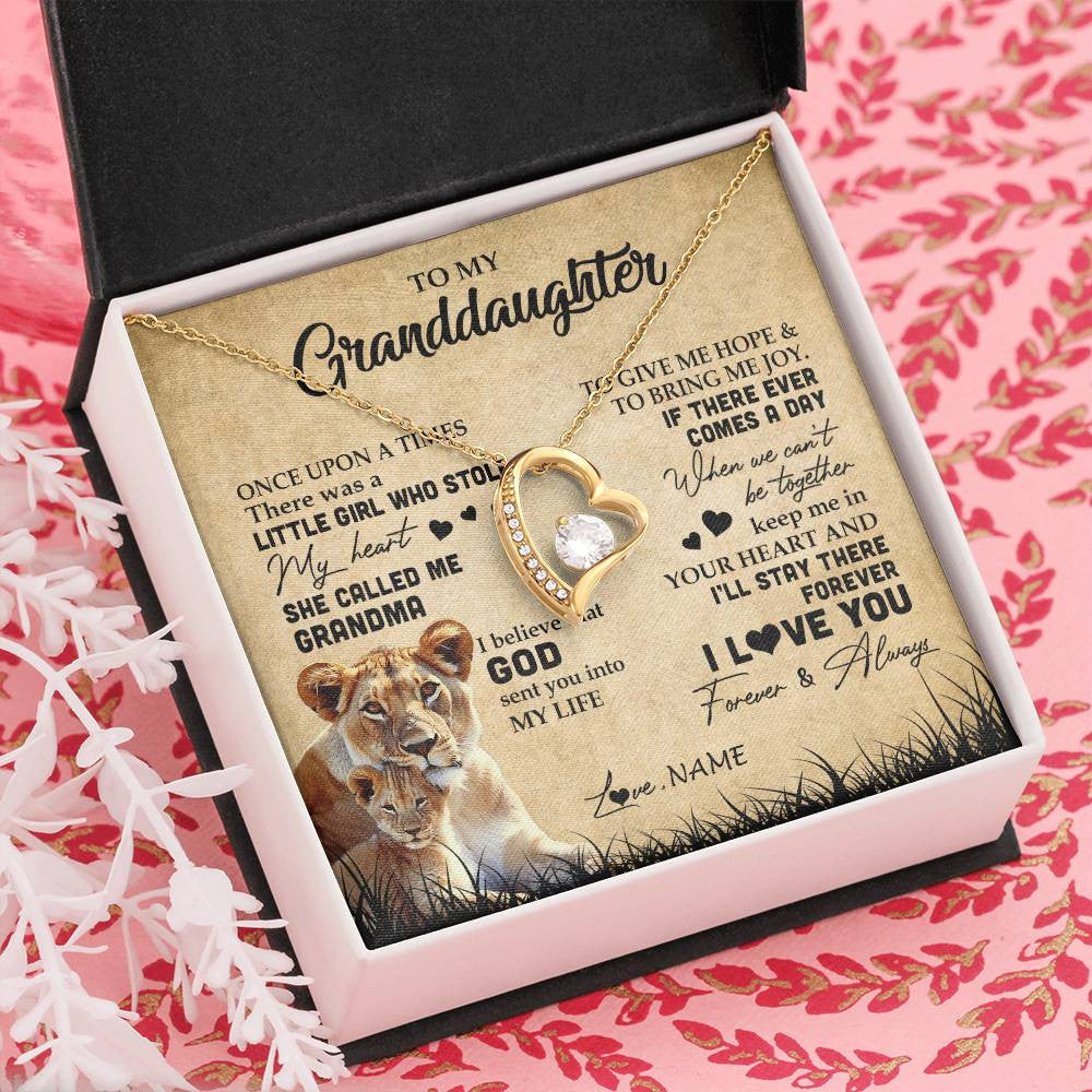 Forever Love Necklace 18K Yellow Gold Finish | Personalized To My Granddaughter Lion Necklace From Grandma I'll Stay There Forever Grandchild Birthday Graduation Christmas Customized Gift Box Message Card | siriusteestore